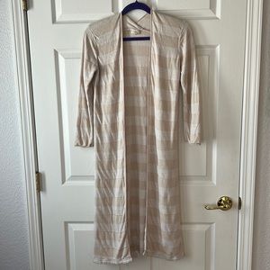 Garnet Hill 100% LINEN Cream‎ & Tan Striped Long Cardigan Open Duster, Sz XS